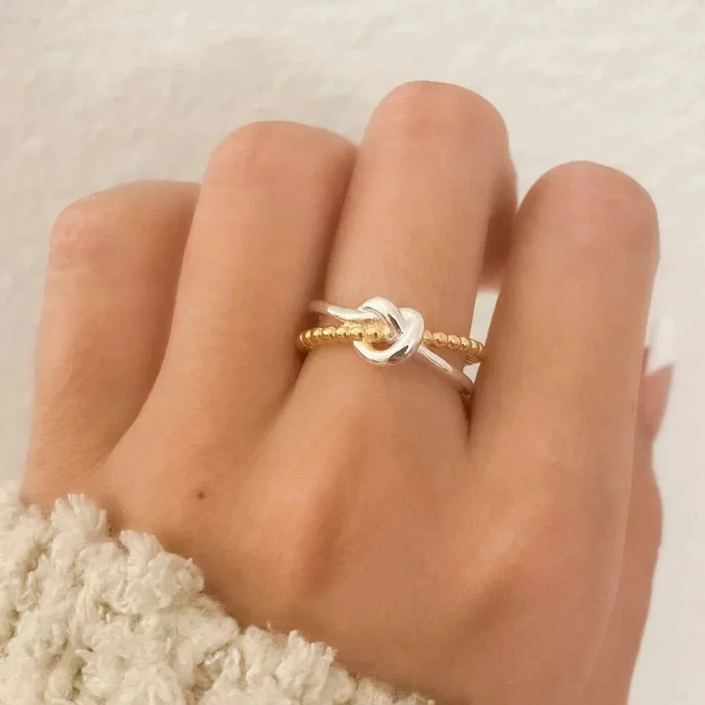 925 Sterling Silver Two Tone Ring Braided Knot Ring Cross Ring Silver & Gold